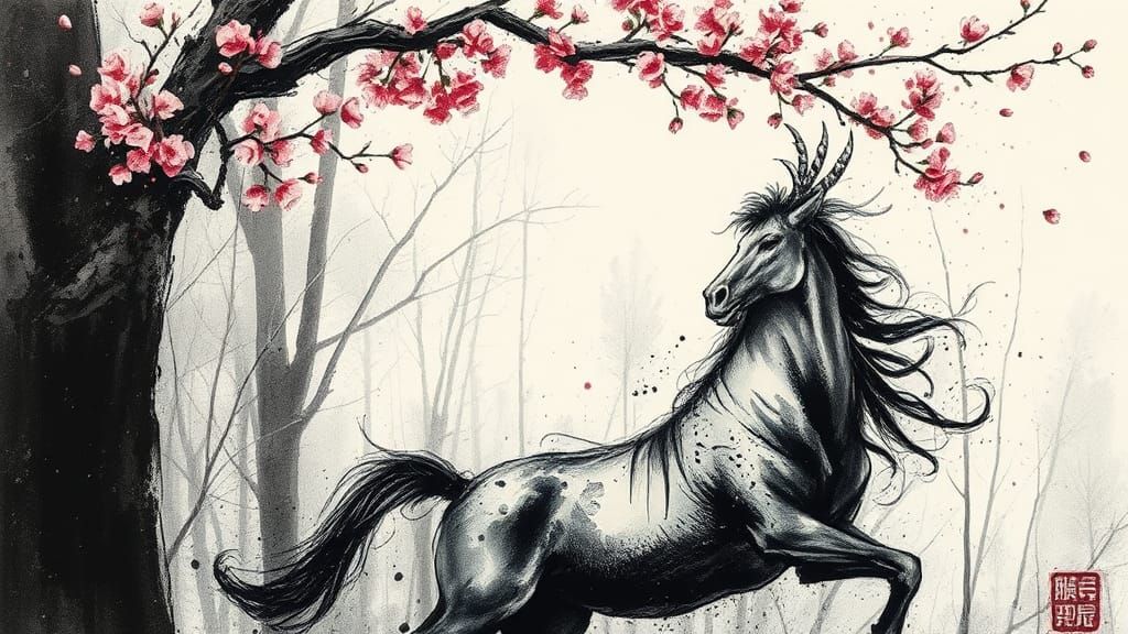 Epic Centaur in Ink Splatter Cherry Blossom Scene