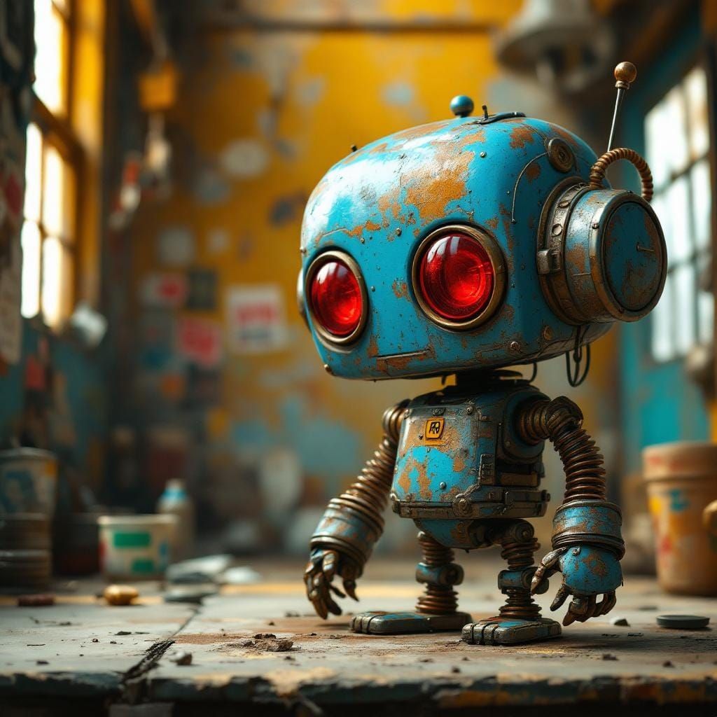 Distressed Chibi Robot in Oil Painting Style