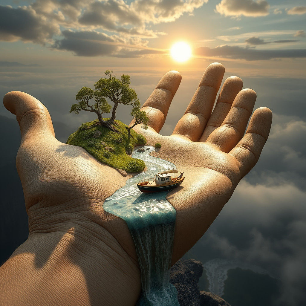 Surreal Handscape with Miniature Trees and River