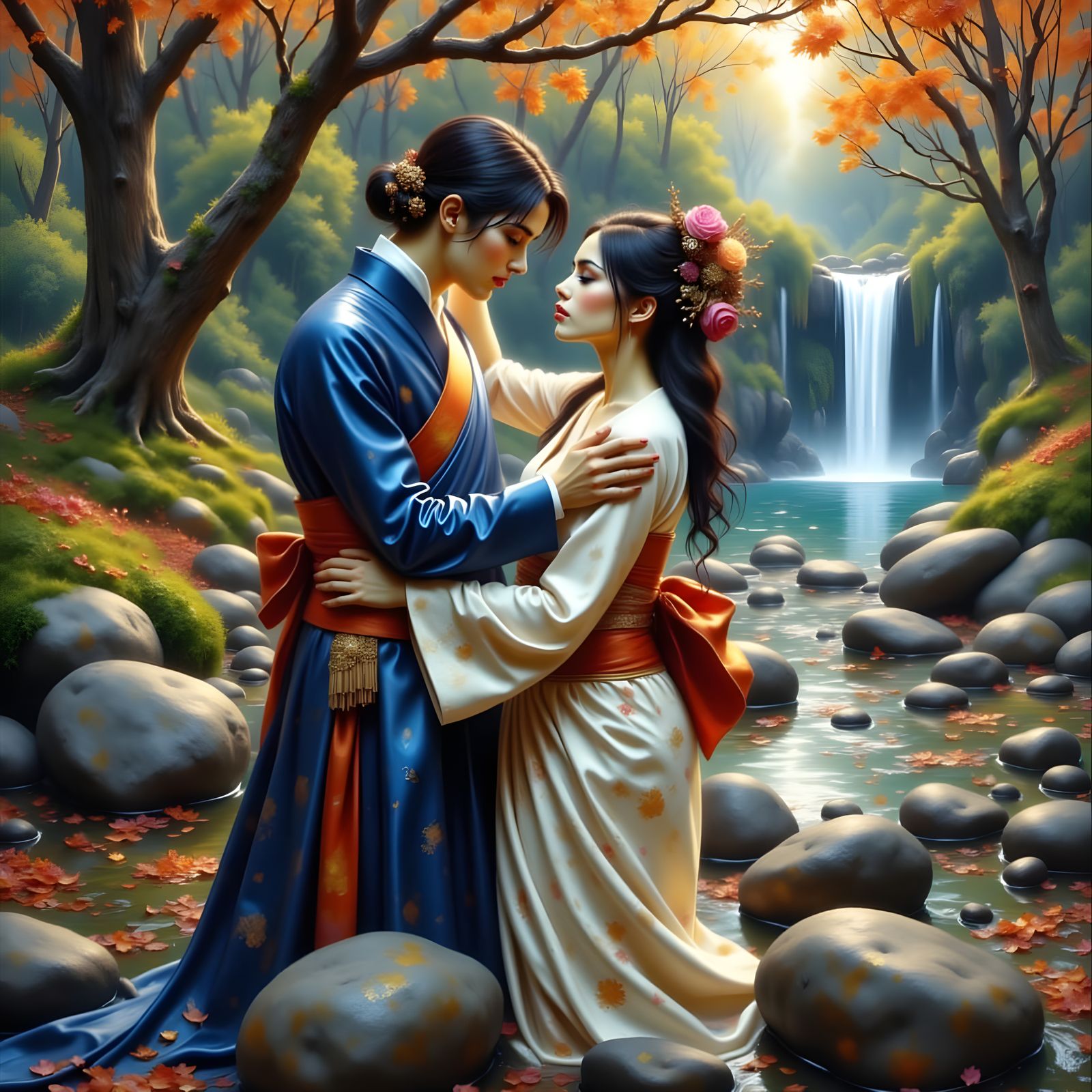 Elegant Geisha Contemplating Time in Ethereal Setting