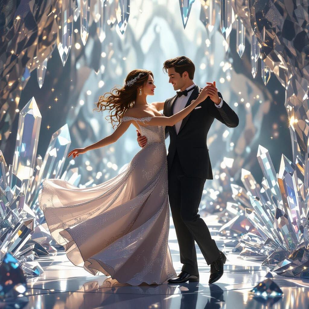 Elegant Couple Dancing in Crystalline 3D Render