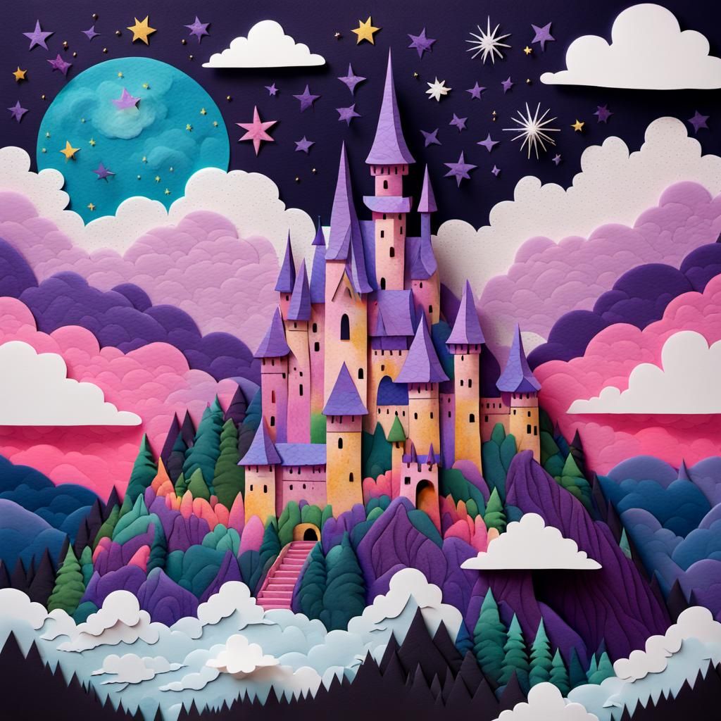 Fairy Tale Castle Paper Collage in the Clouds