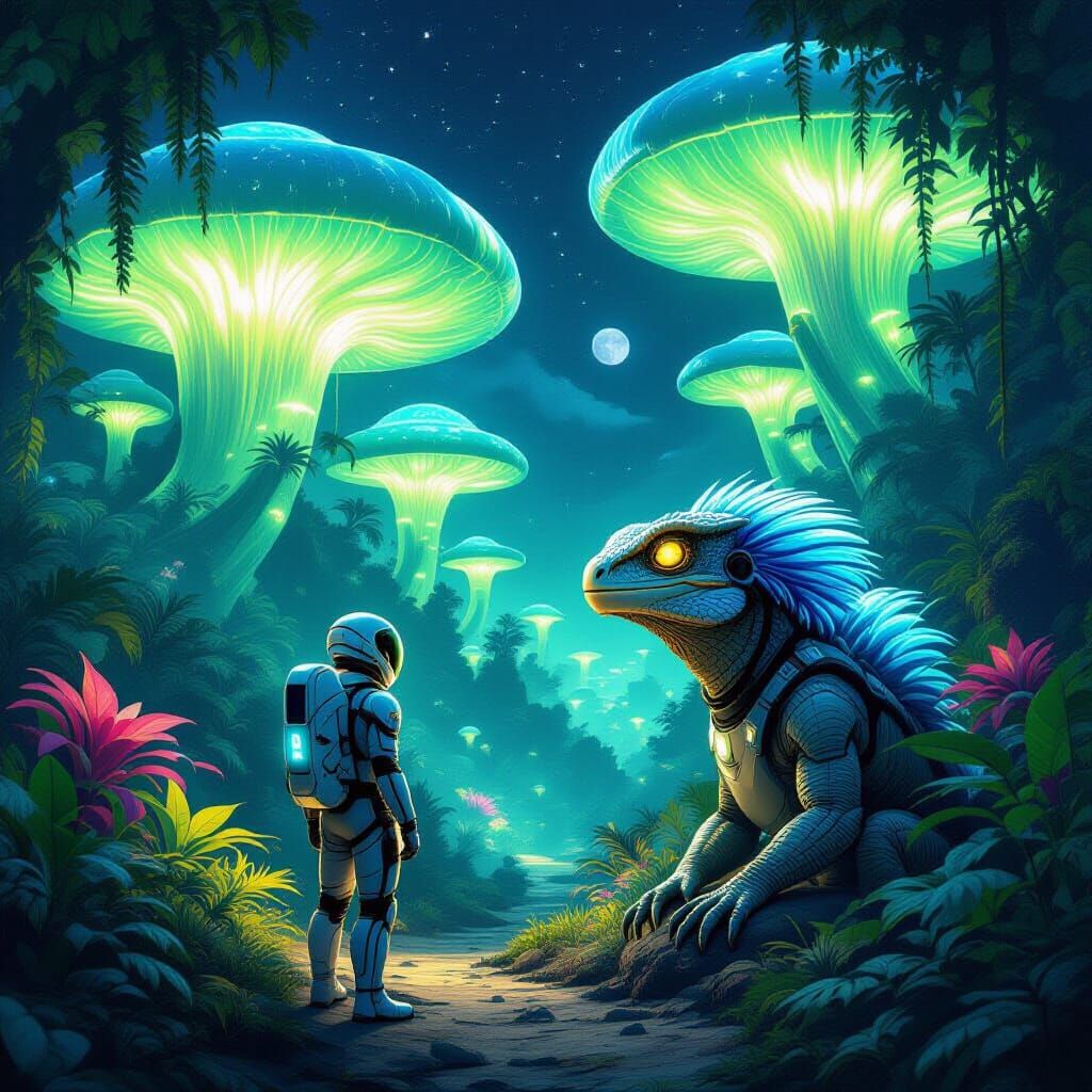 Alien Jungle Exploration Under Glowing Fungi