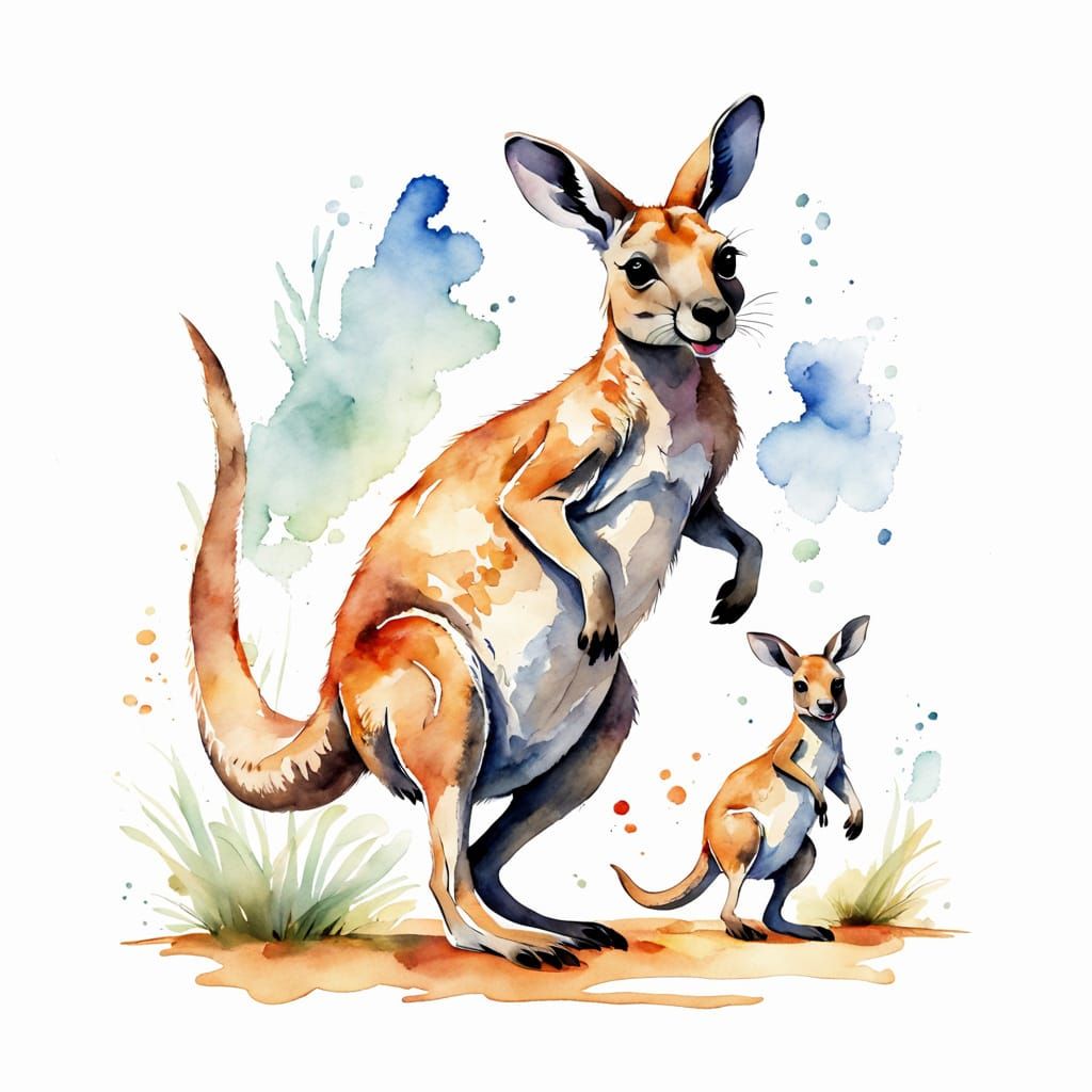 Mother Kangaroo and Joey Watercolor Illustration