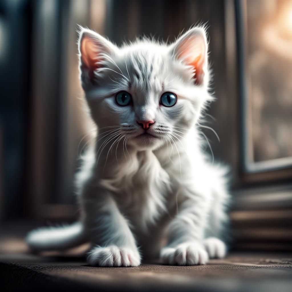 Hyperrealistic Little White Kitten Portrait