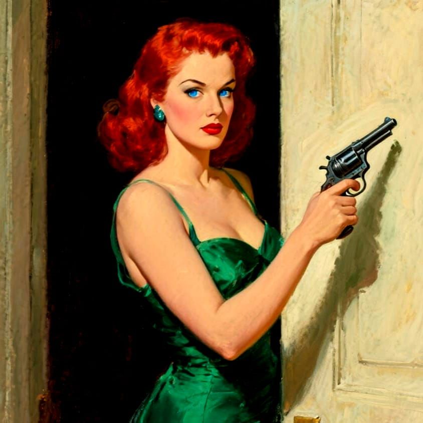Elegant Woman with Pistol: Photorealistic Oil Painting