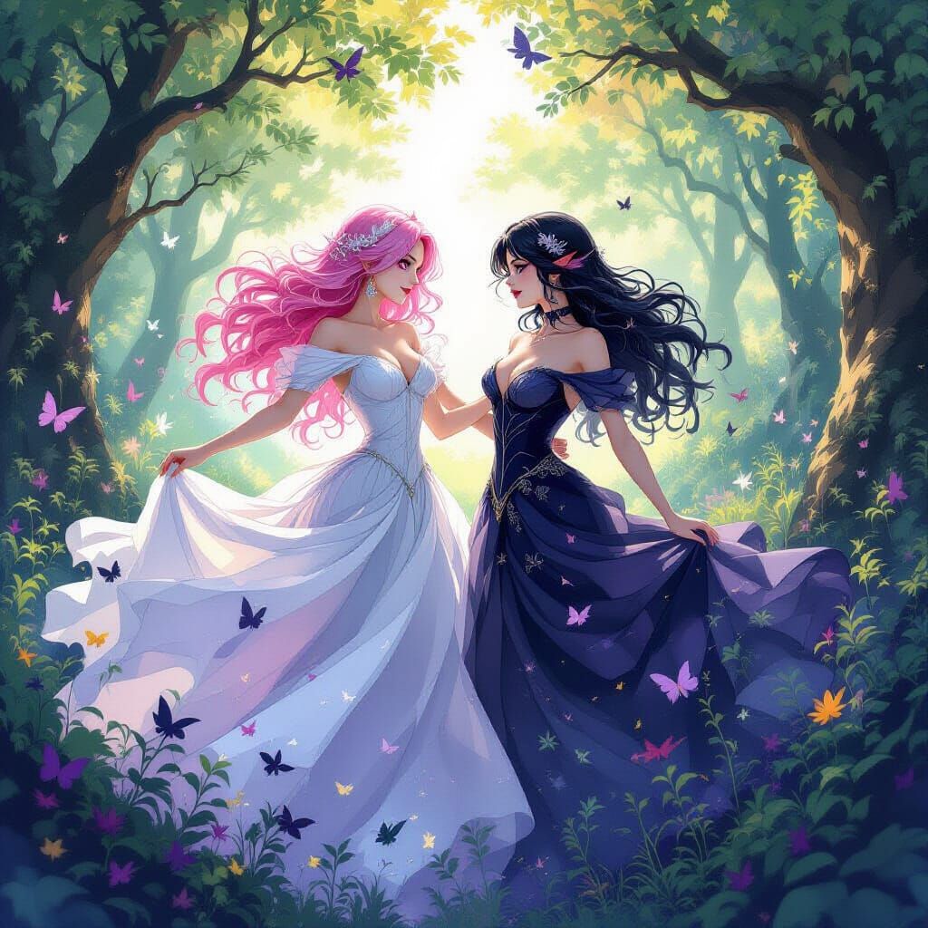 Ethereal Ball: Two Women Dancing in Fairy Forest