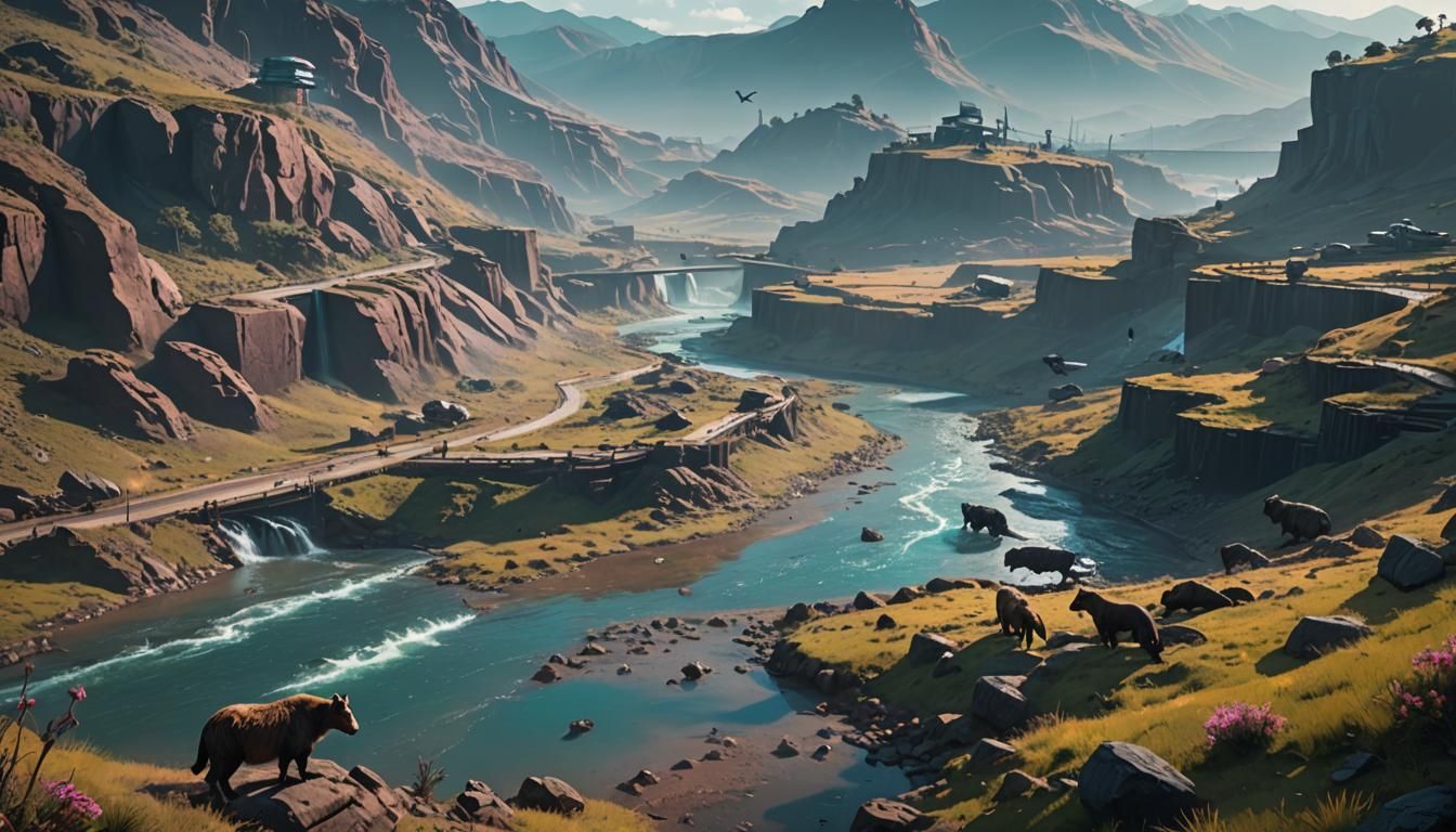 River Flowing From Hill: Cyberpunk Neon Scene