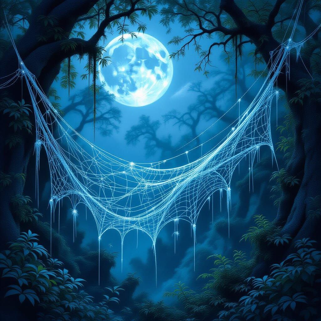 Ethereal Spiderwebs as Crystalline Sculptures in Moonlit For...