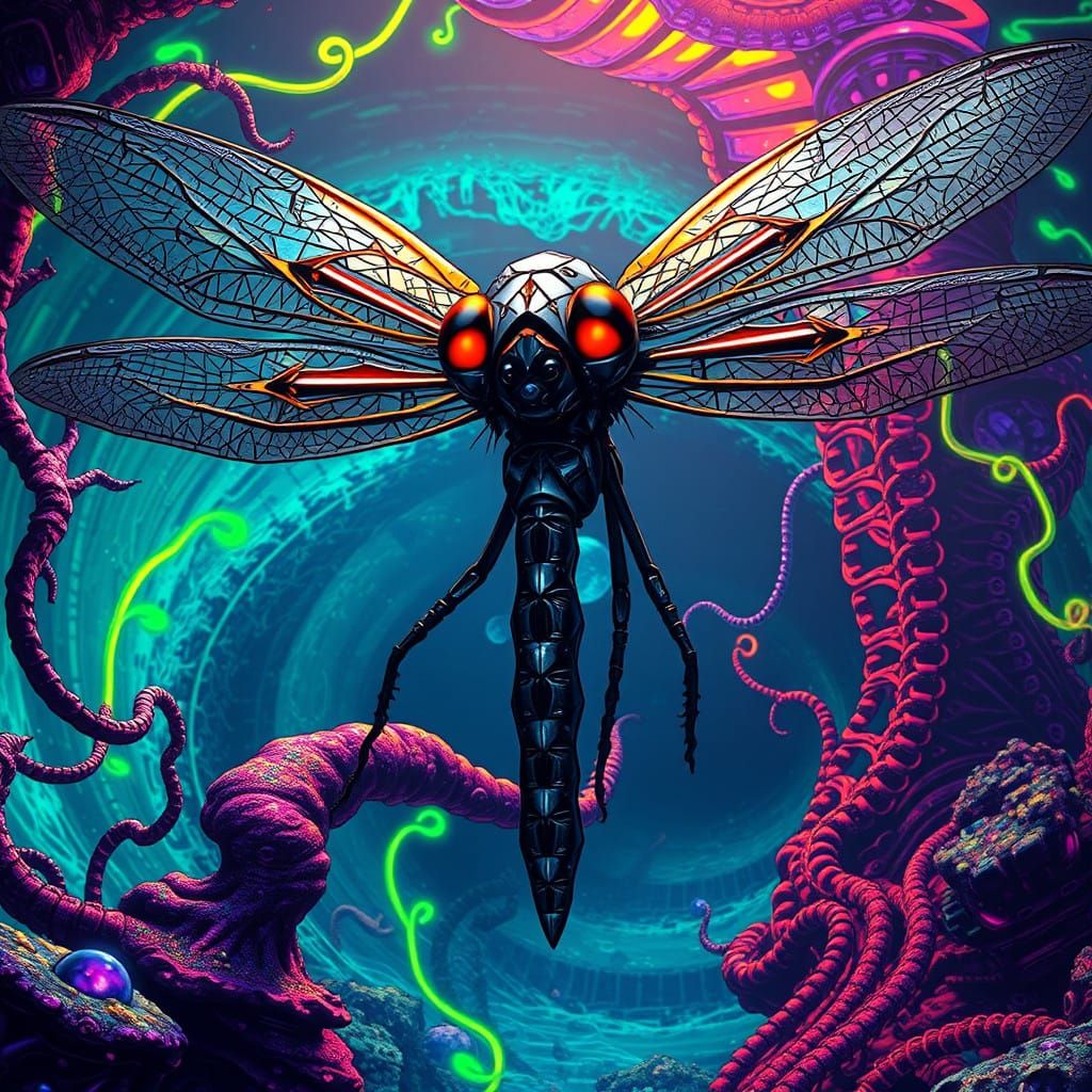 Gigeresque, Cyberpunk Dragonfly Emerge from Radiant Vortex