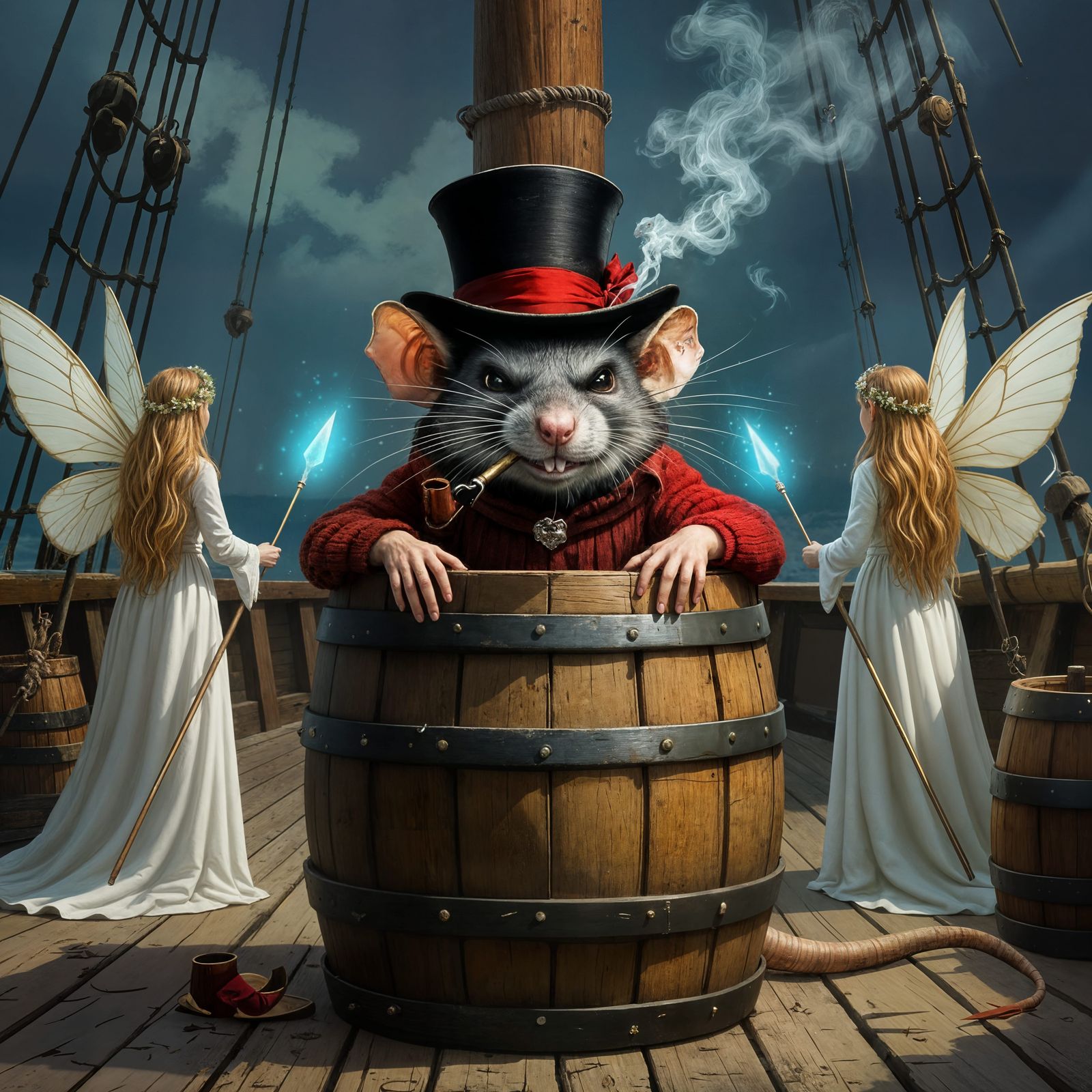 Giant Rat in Top Hat on Ship Deck with Fairies