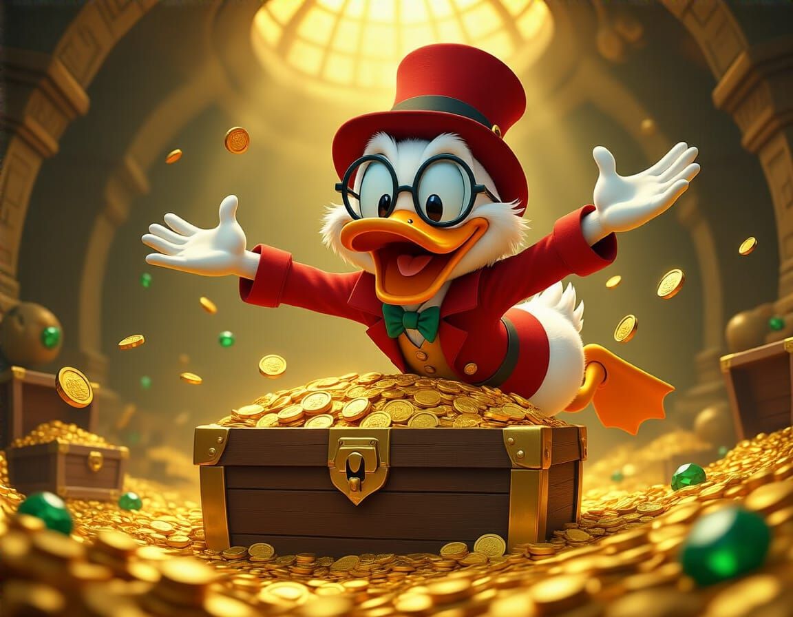 Scrooge McDuck Joyfully Dives Into Gold Treasure Chest