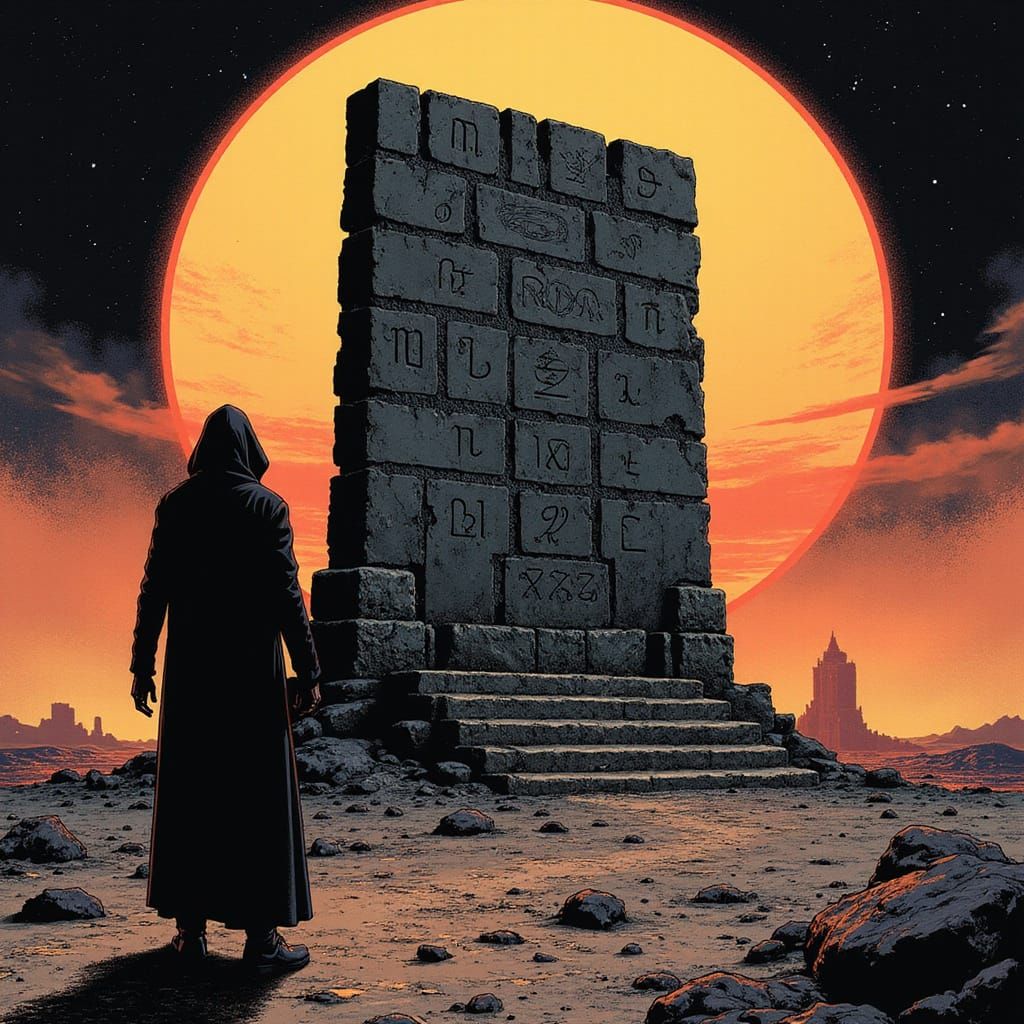 Mysterious Figure Before Alien Monolith in Comic Style