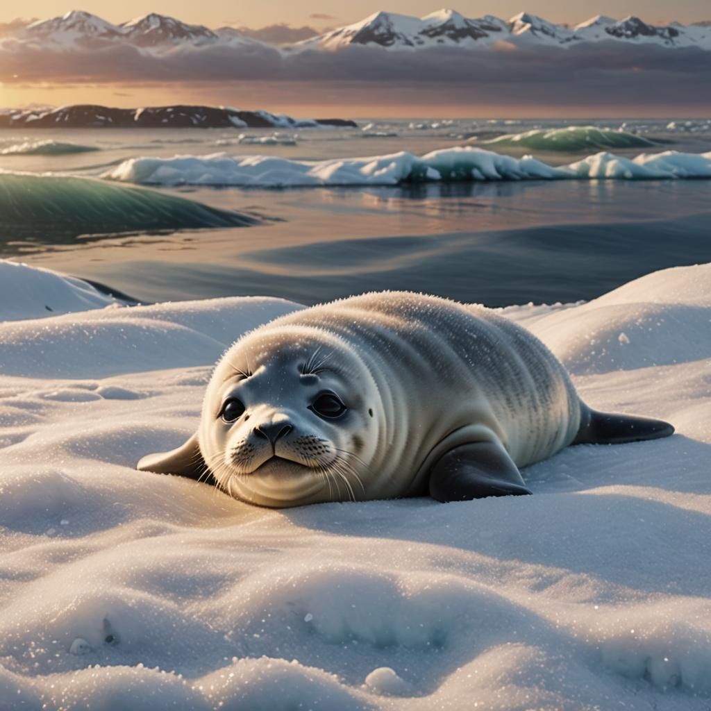 Smiling Baby Seal at Sunrise: Photorealistic 3D Rendering