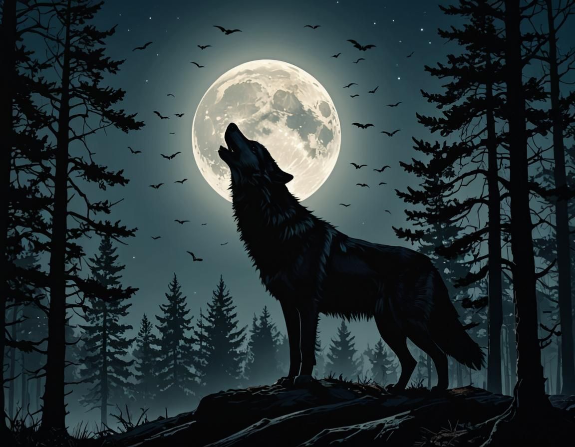 Howling Wolf Silhouette Under Full Moon