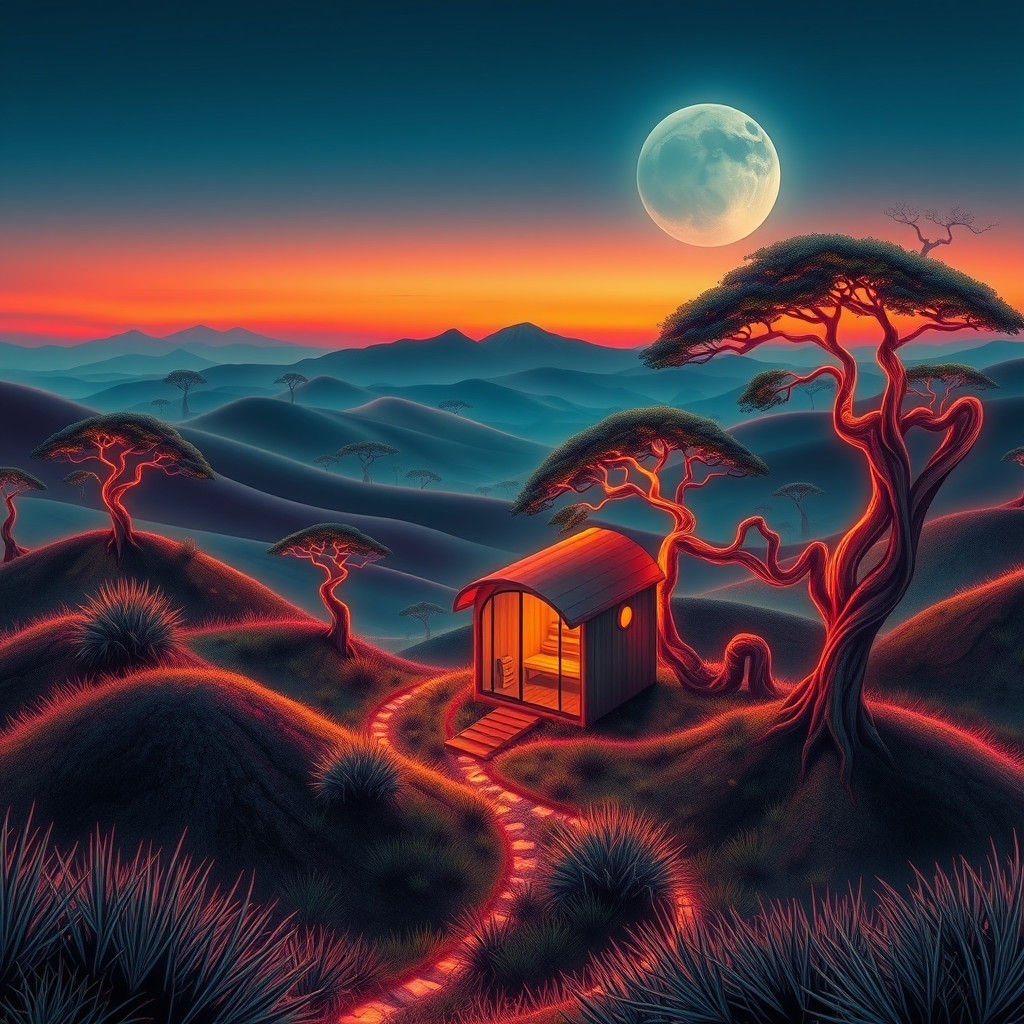 Mystical African Landscape with Glowing Sauna