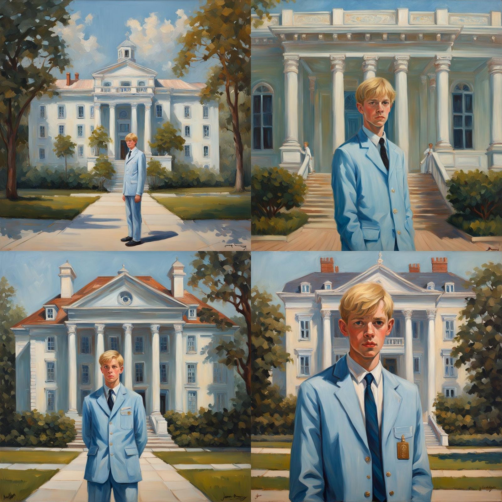 Teen in Blue Uniform at Mansion-like School