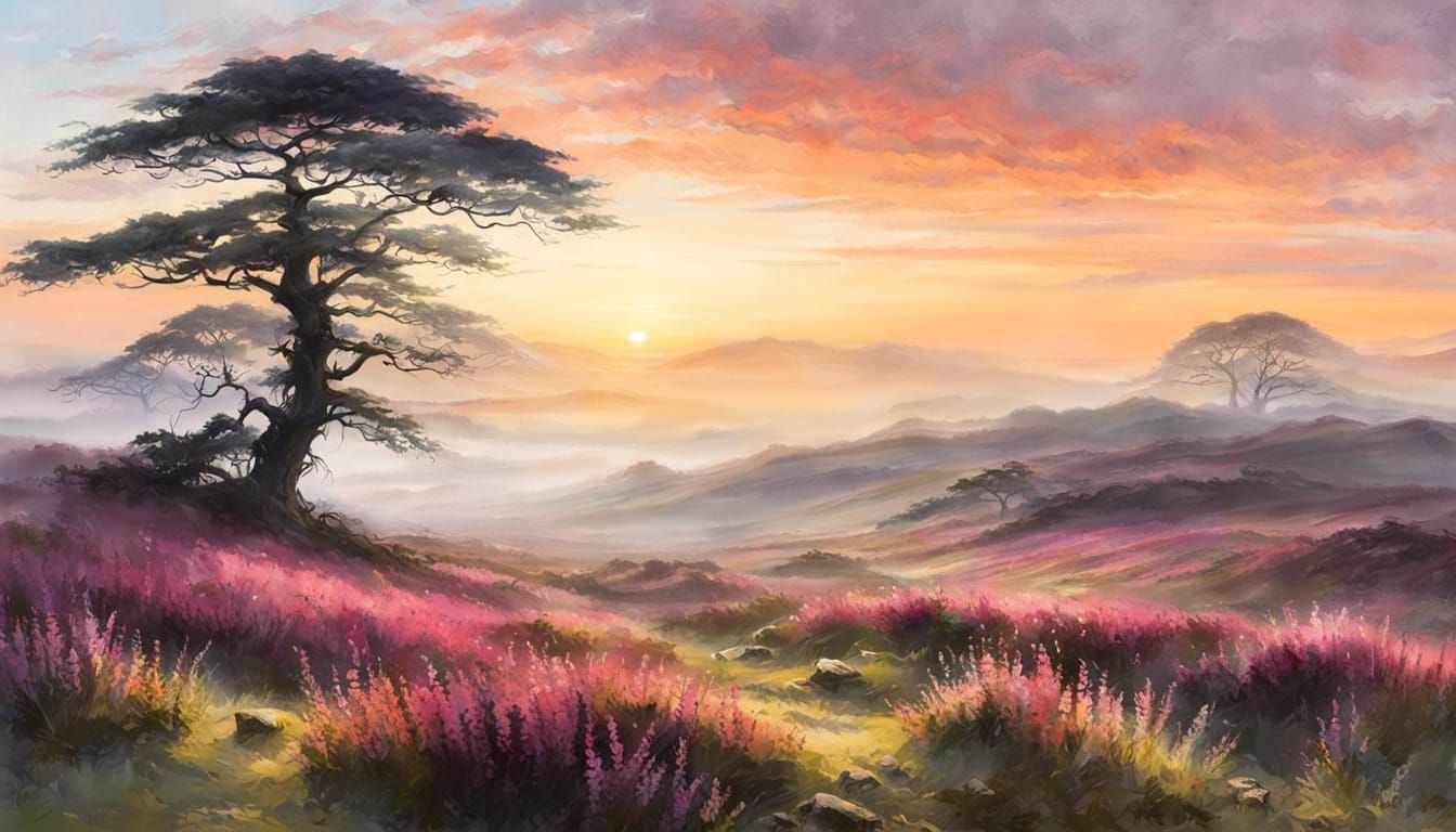 Misty Sunrise Over Heather Moor in Pastel Tones