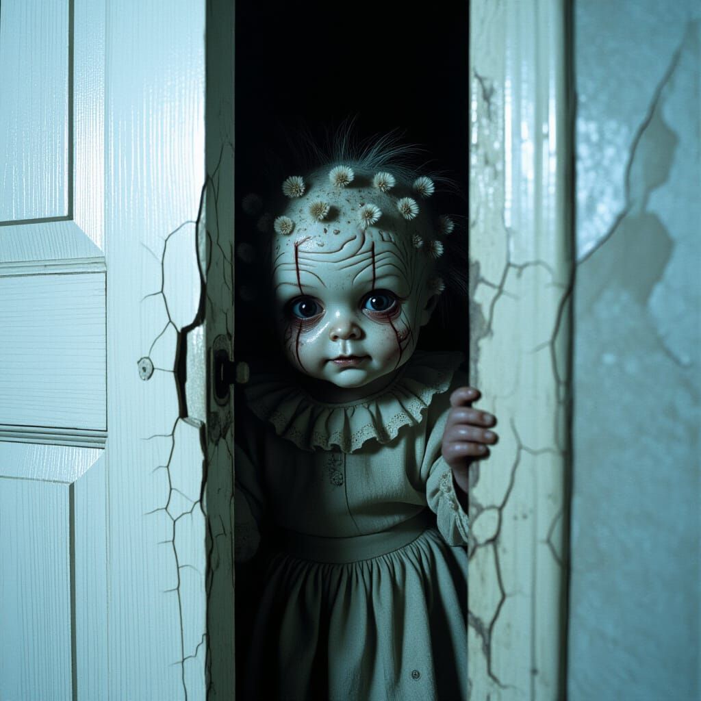 Creepy Baby Creature Peeking Through Closet Door