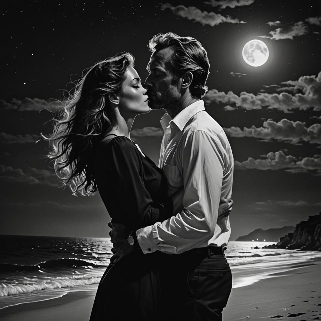 Noir Kiss on a Moonlit Beach