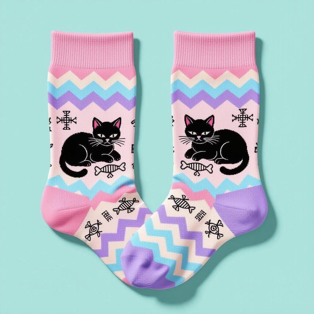 Pastel Socks with Kitten Print in Vintage Style