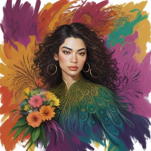 Dragon Peacock Woman in Abstract Expressionist Portrait