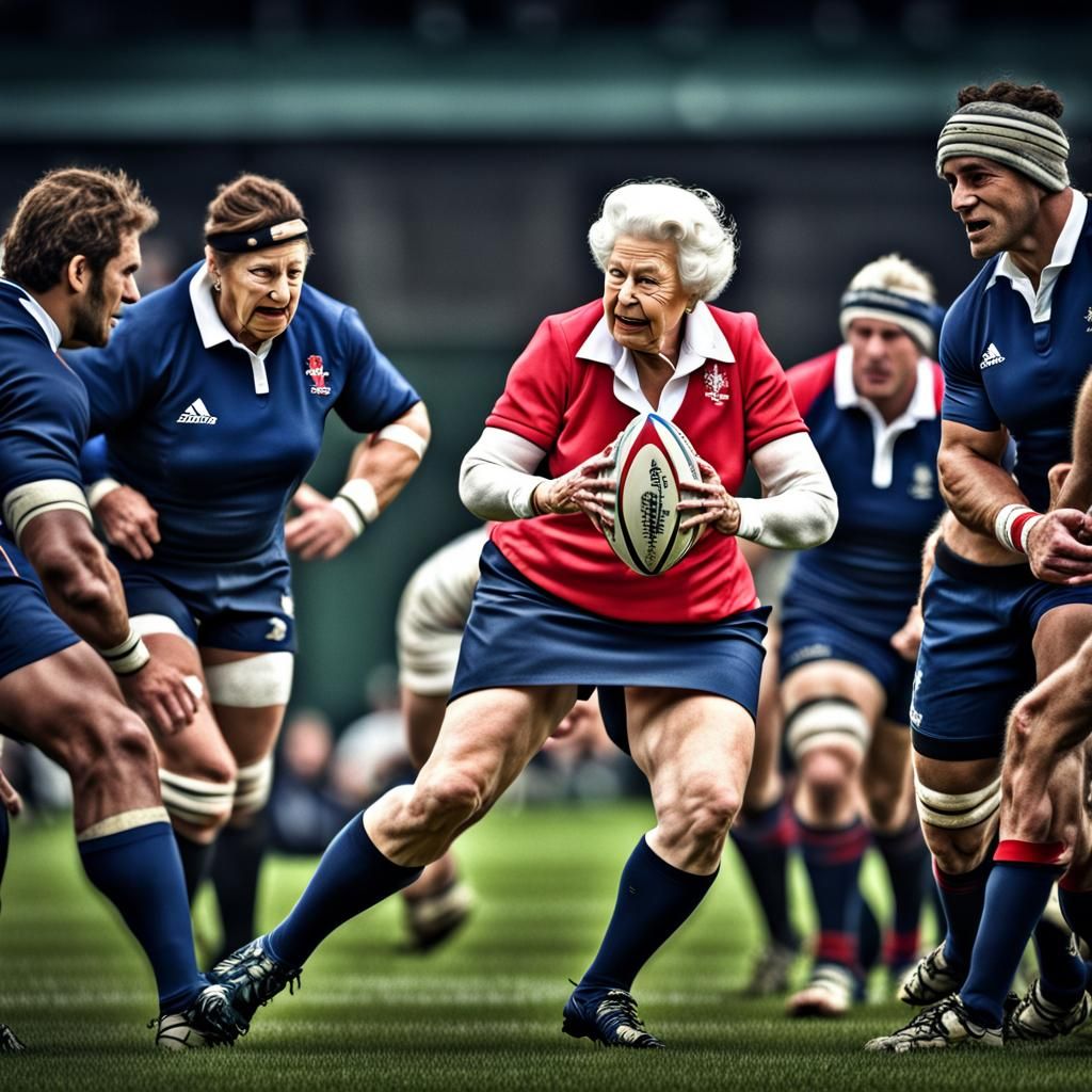Queen Elizabeth II Plays Rugby: Hyperrealistic Image