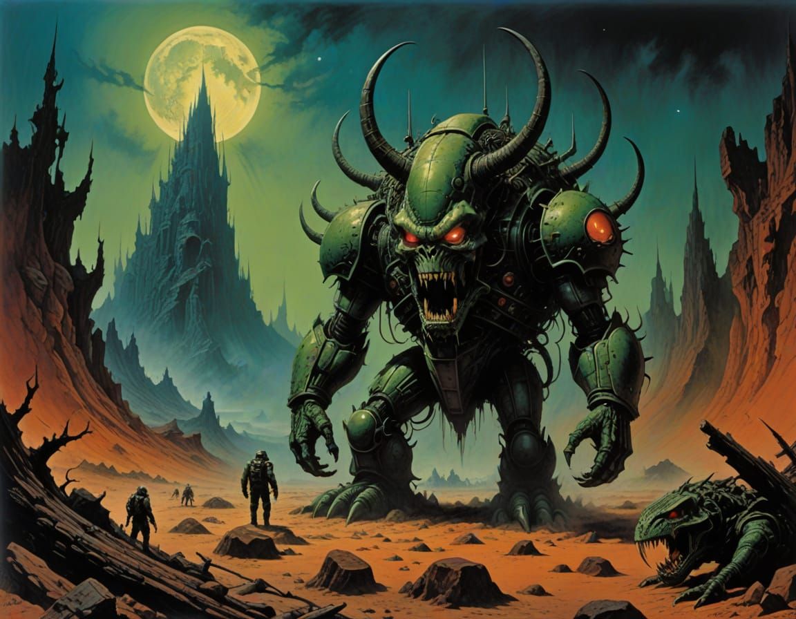 Tragic Martian Berserker in Chaotic Swampy Landscape