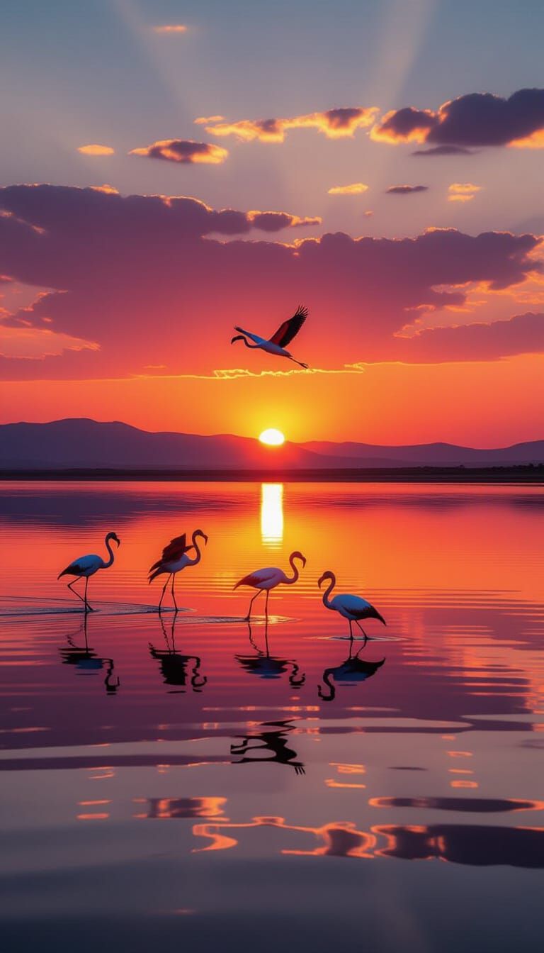 Flamingos Fly Over Fiery Lake Natron Sunset