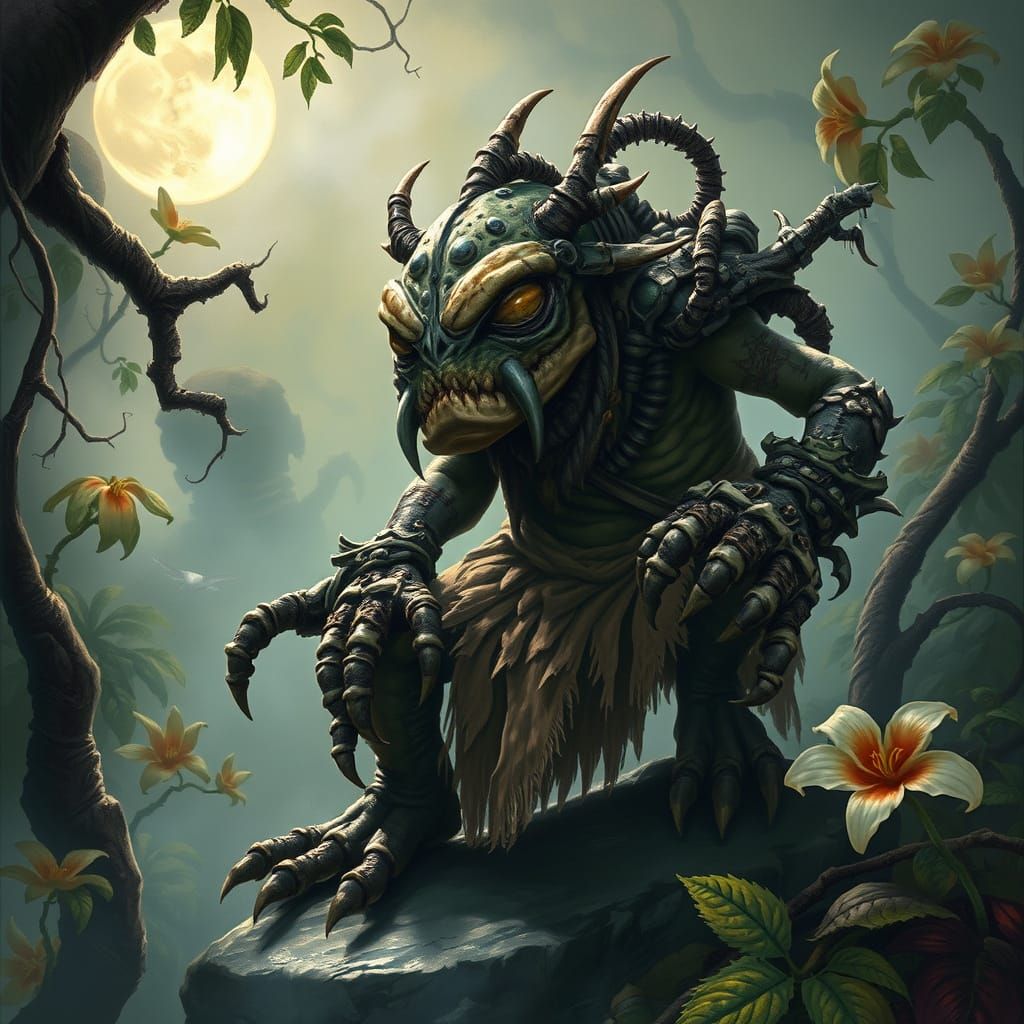 Mysterious Tribal Warrior in Moonlit Jungle