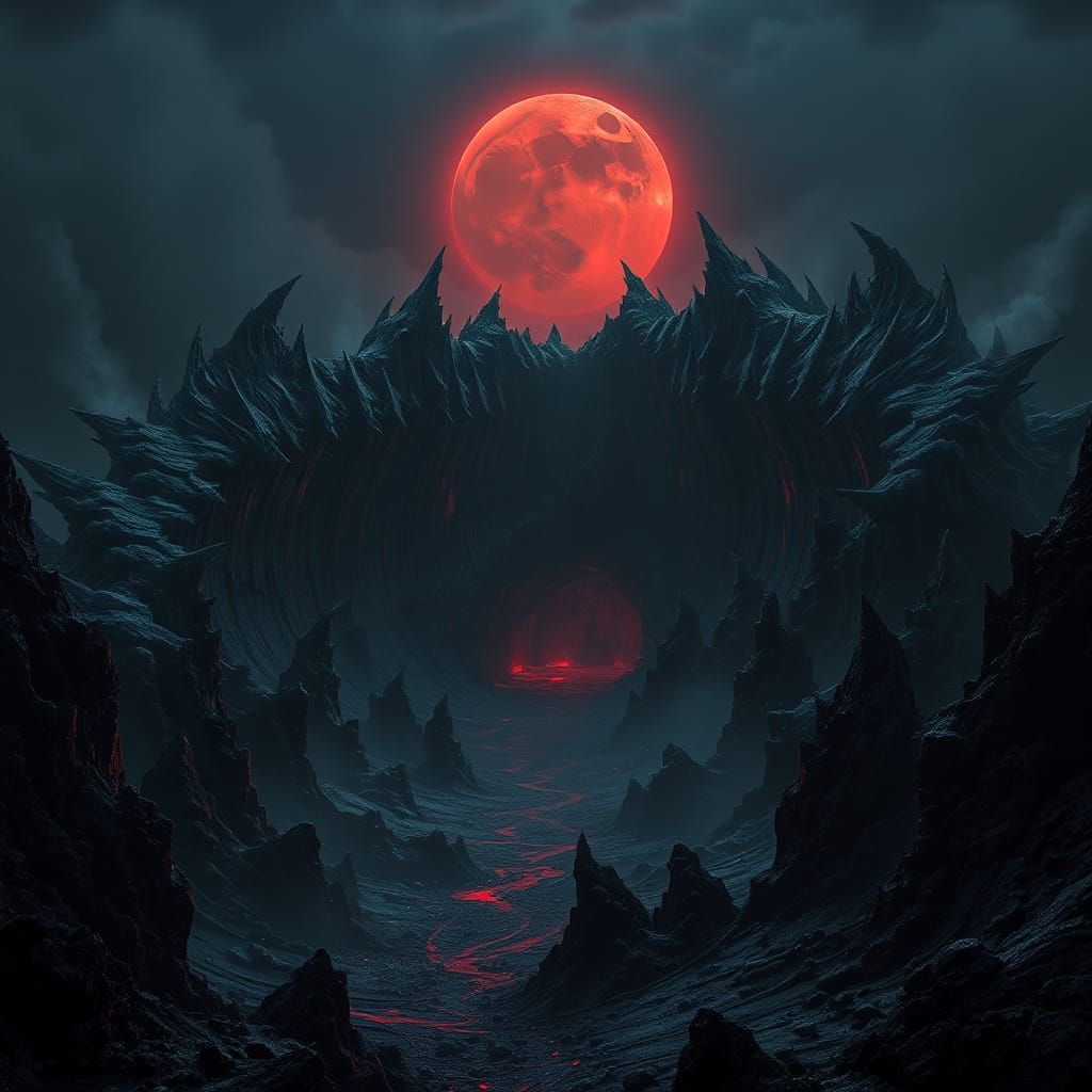 Ominous Hellscape with Black Moon in Dystopian Style