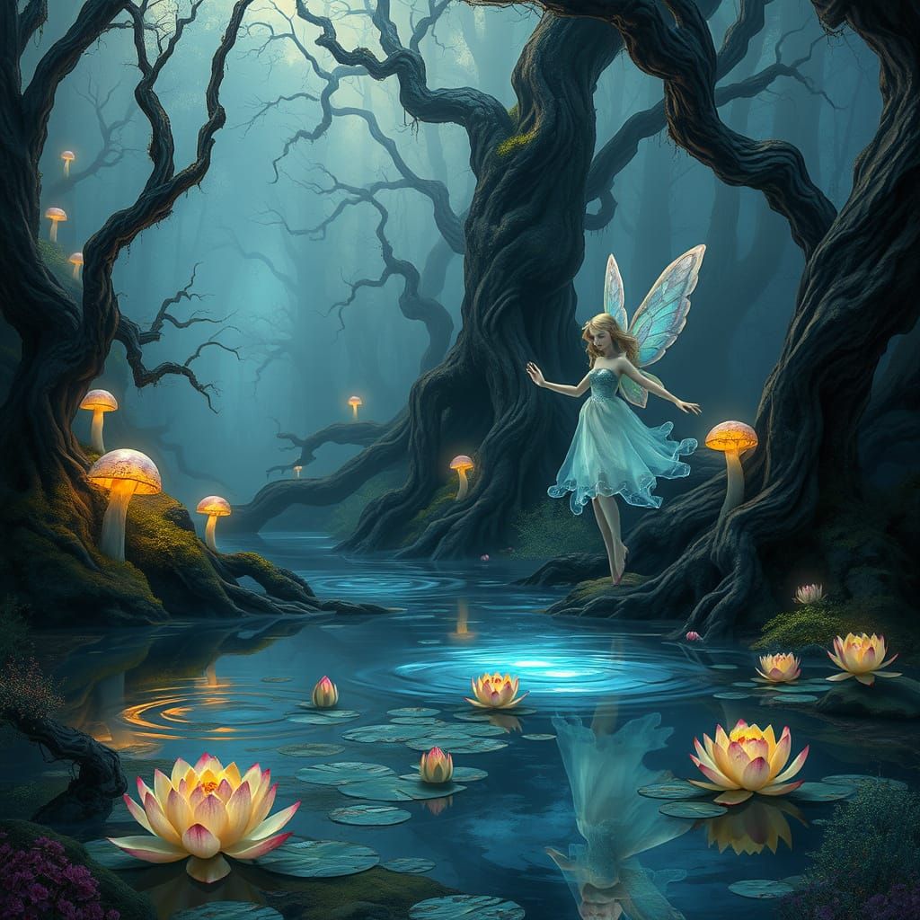 Mystical Forest with Twisted Trees and Glowing Mushrooms