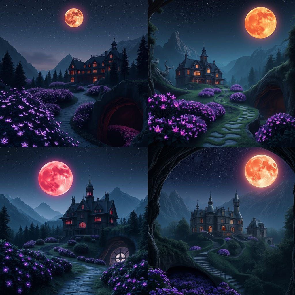 Mysterious Mansion Illuminated by Red Moonlight in a Valley...