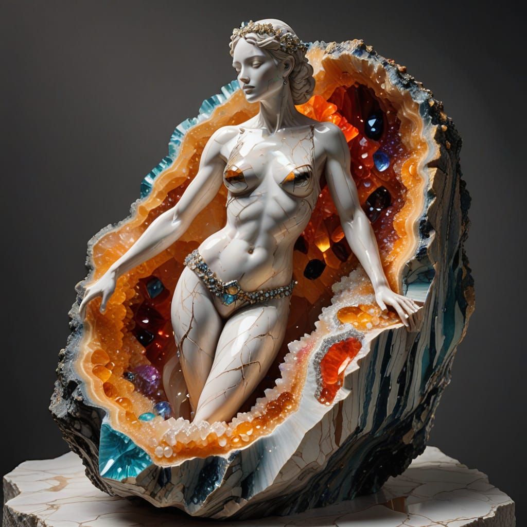 Ethereal Marble Statue Emerge from Geode