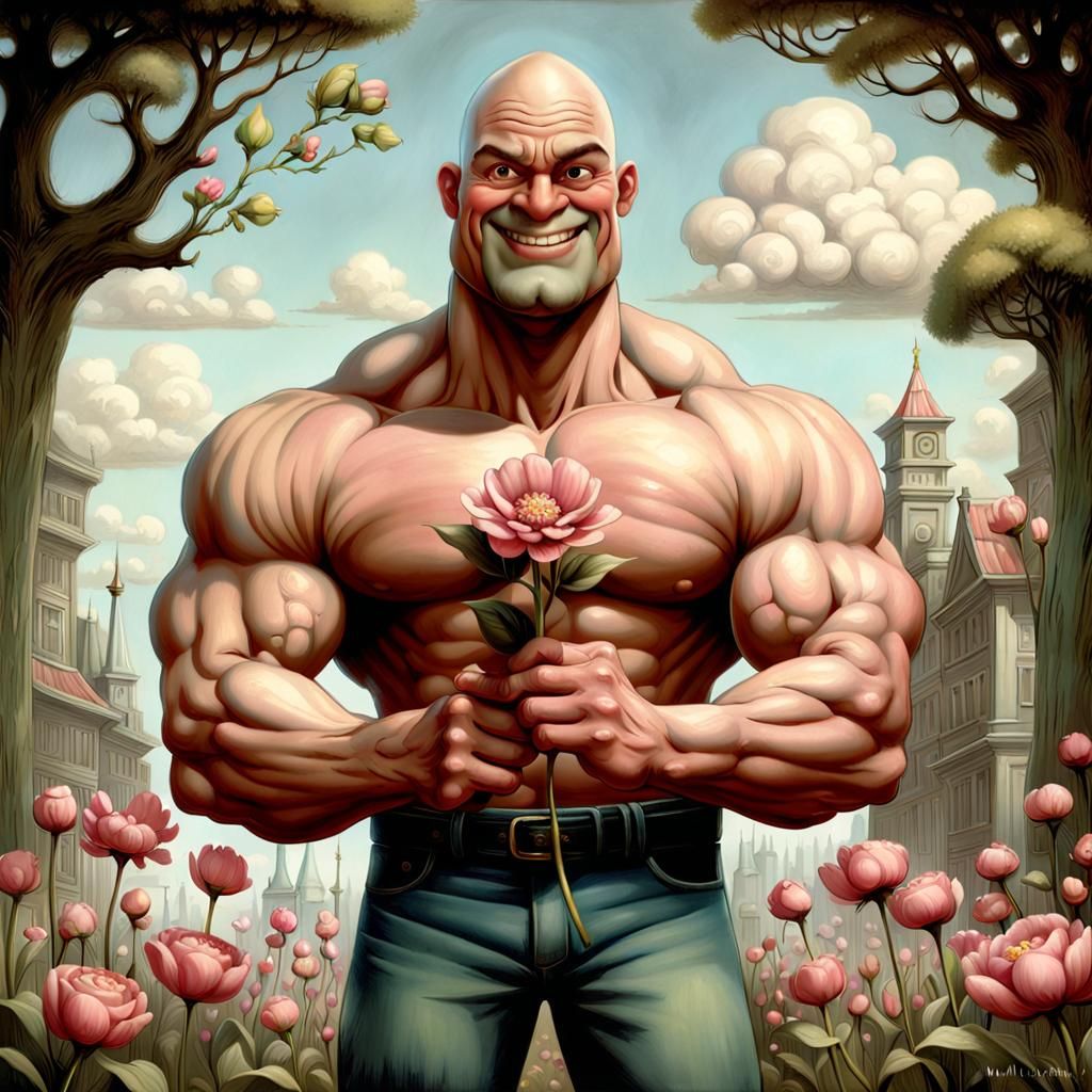 Humorous Muscular Man with Flower, Pixar Style