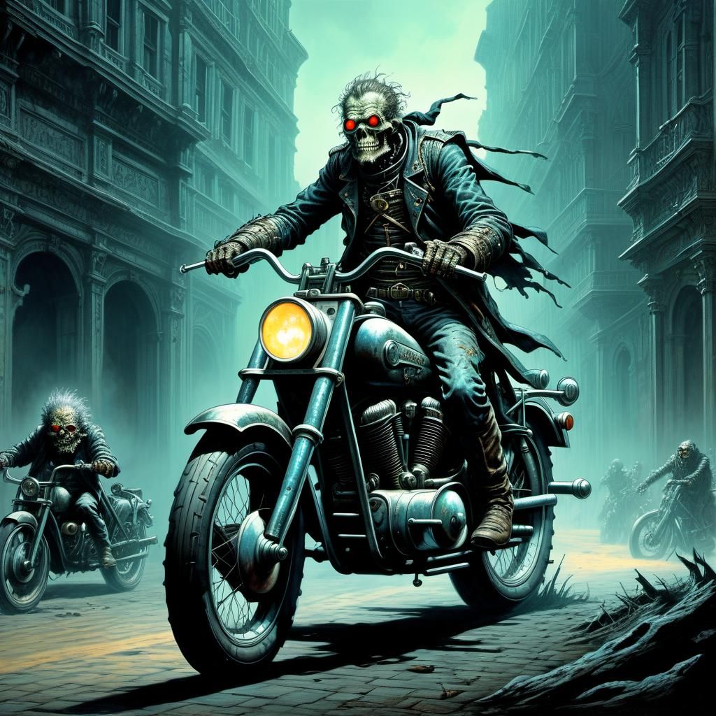 Biopunk Man on Motorcycle in Horror Style