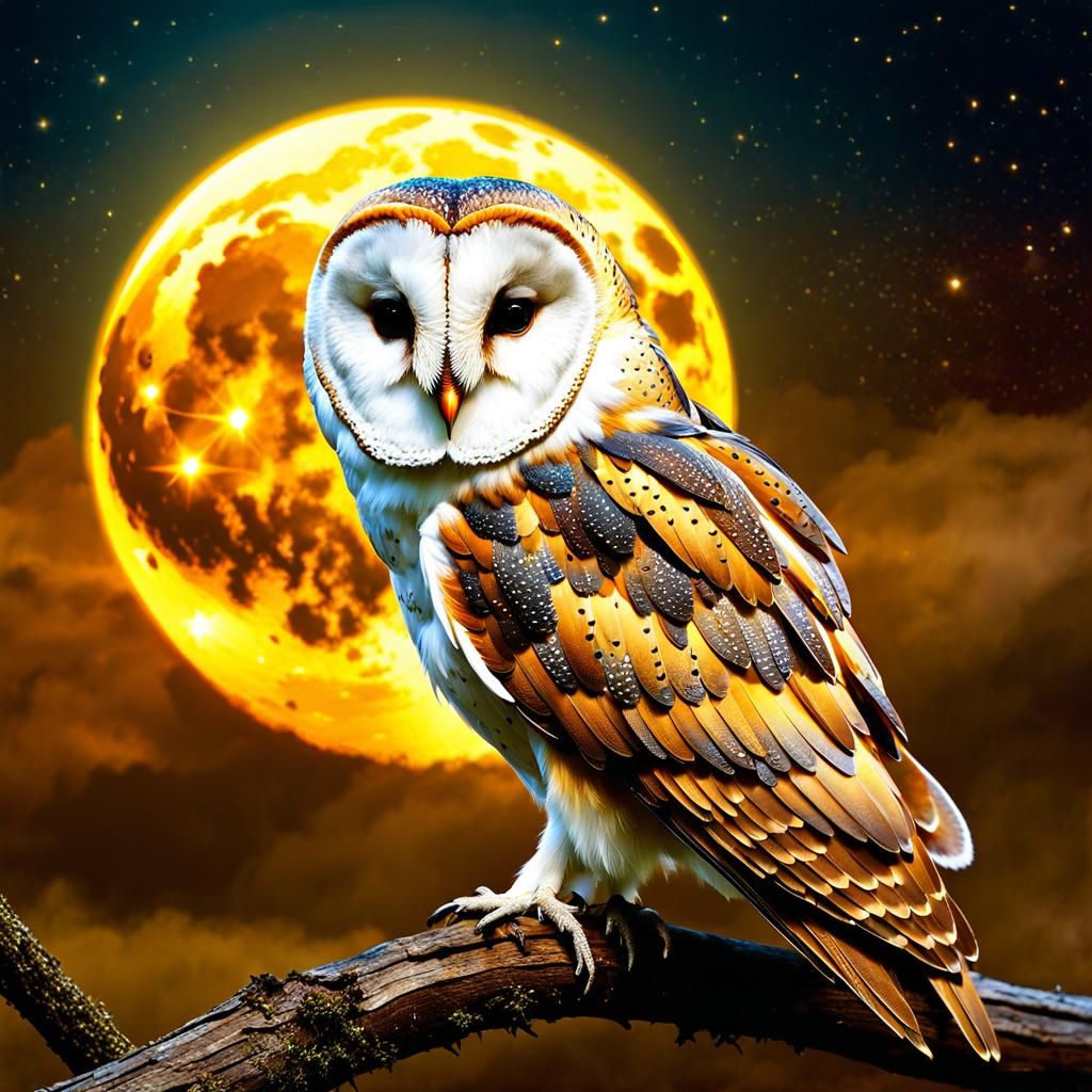 Barn owl basking in the golden moonlight