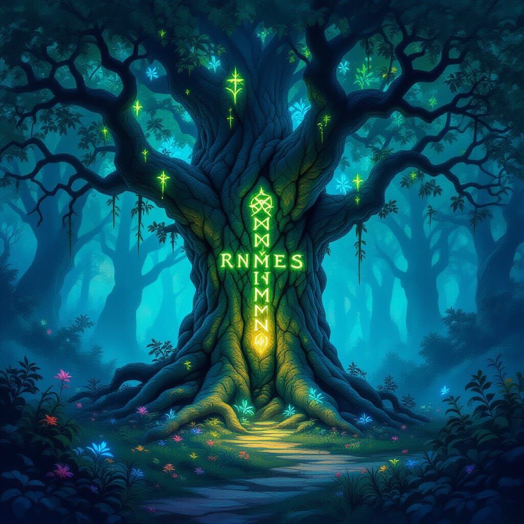 Mystical Forest Clearing with Ancient Rune Tree
