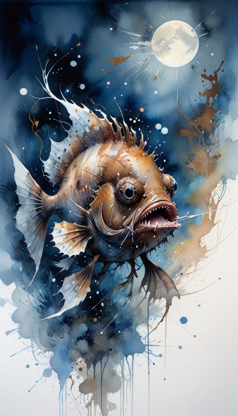 Glowing Anglerfish in Moonlit Deep Sea, Watercolour