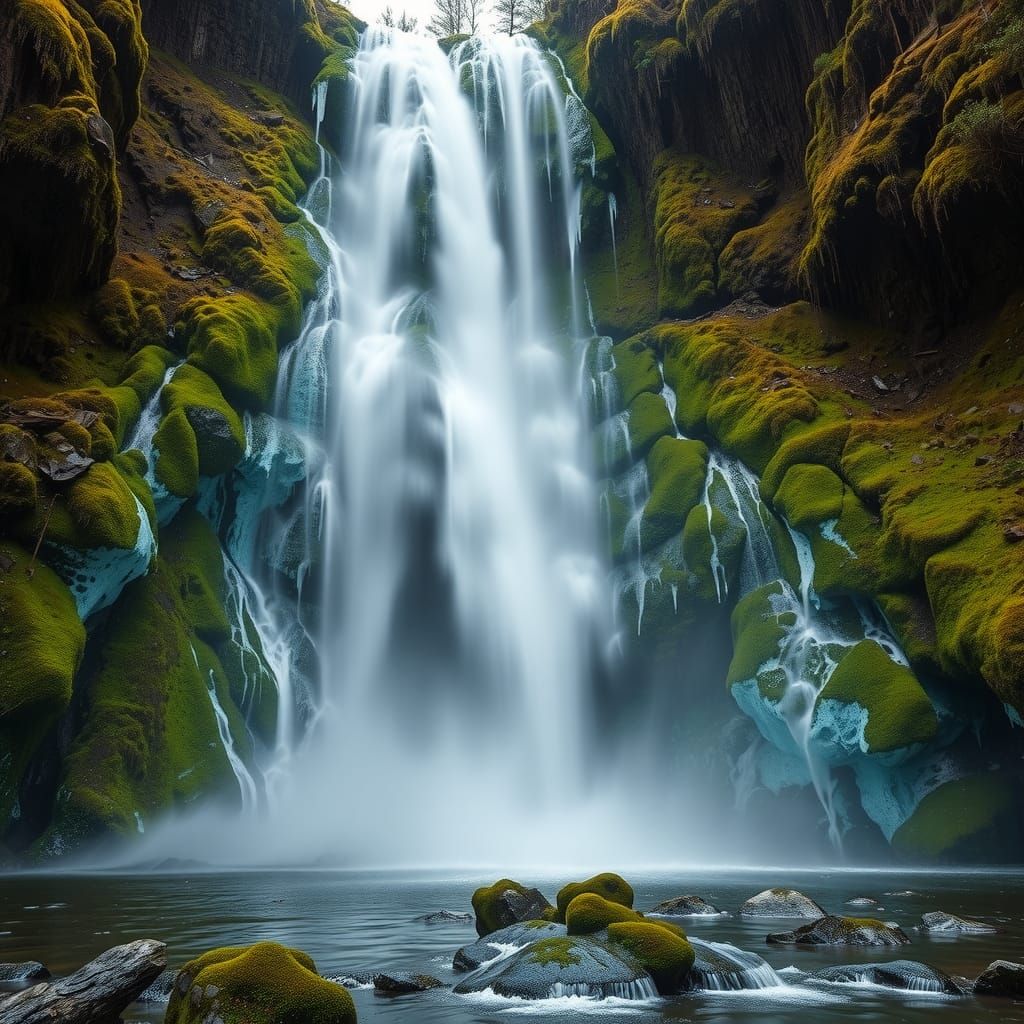 Waterfall Face: Moss, Ice, and Natural Beauty