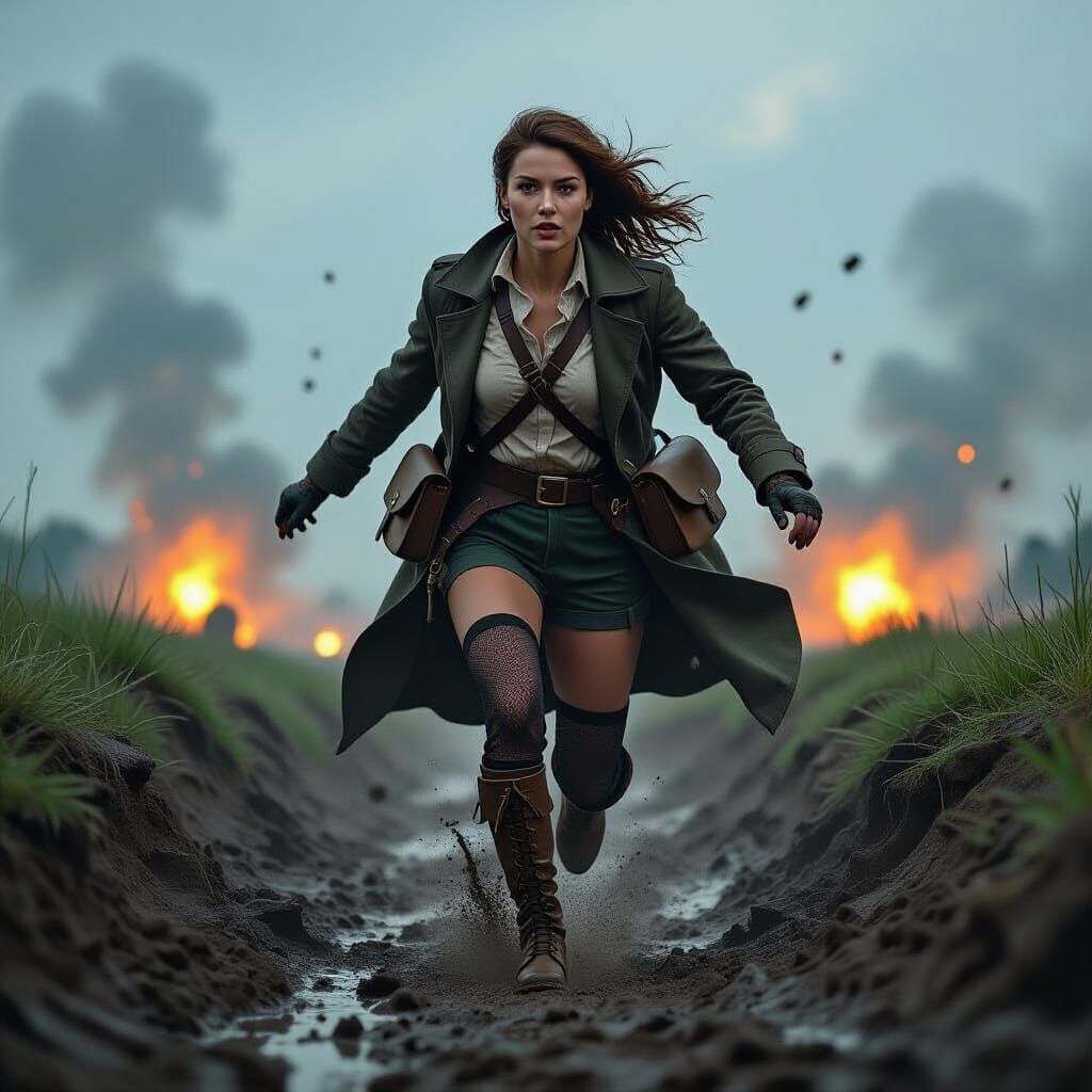 WW1 Courier in Muddy Trench, Photorealistic Style