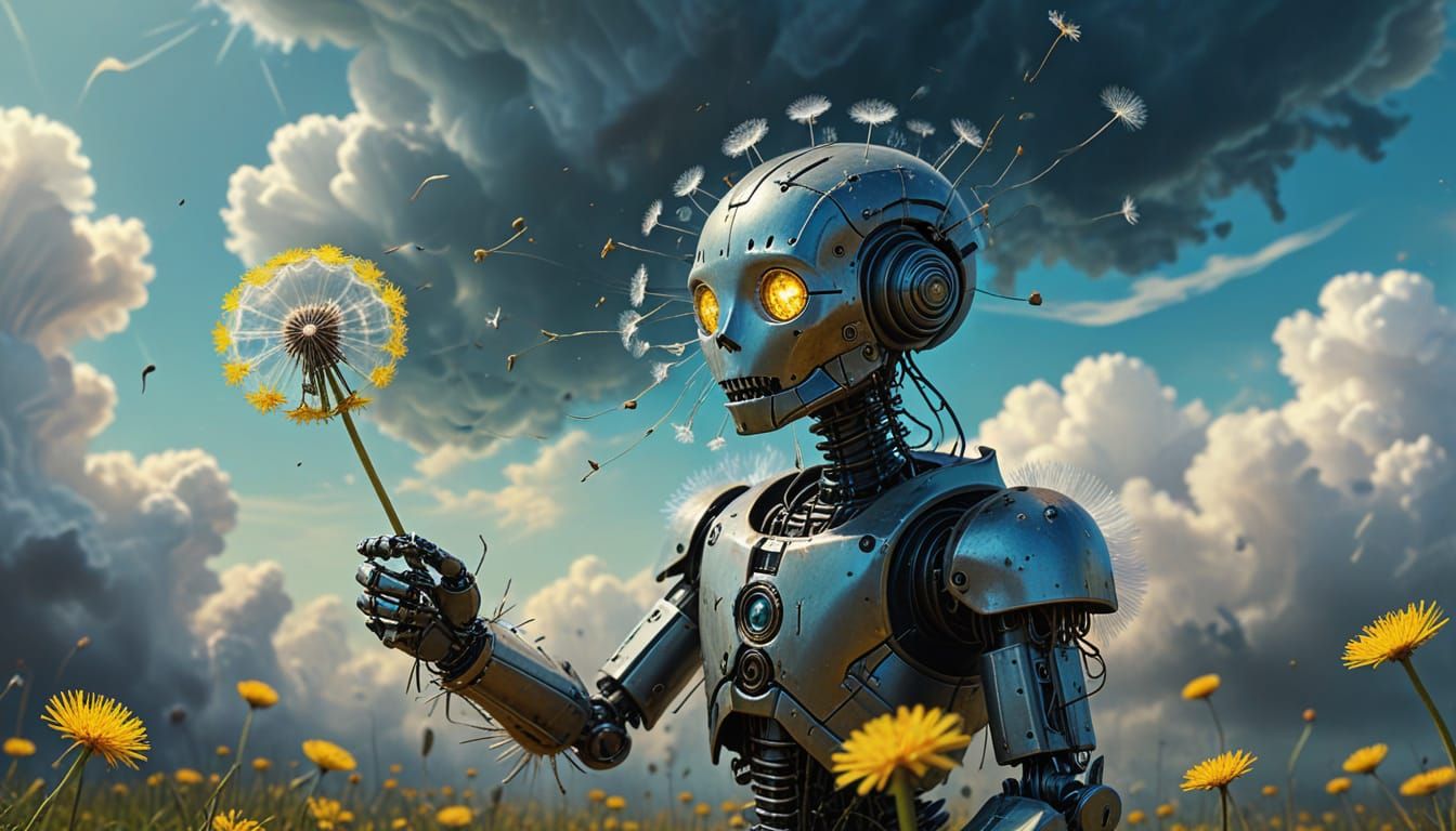 Robot Soaring with Dandelion: Surreal Oil Painting