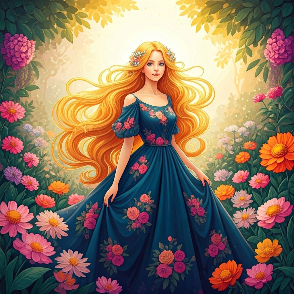 Ethereal Young Woman in Vibrant Floral Garden