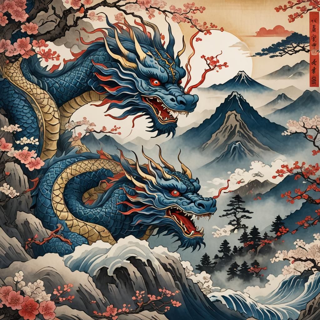 Majestic Dragon Coils Around Misty Mountain in Ukiyo-e