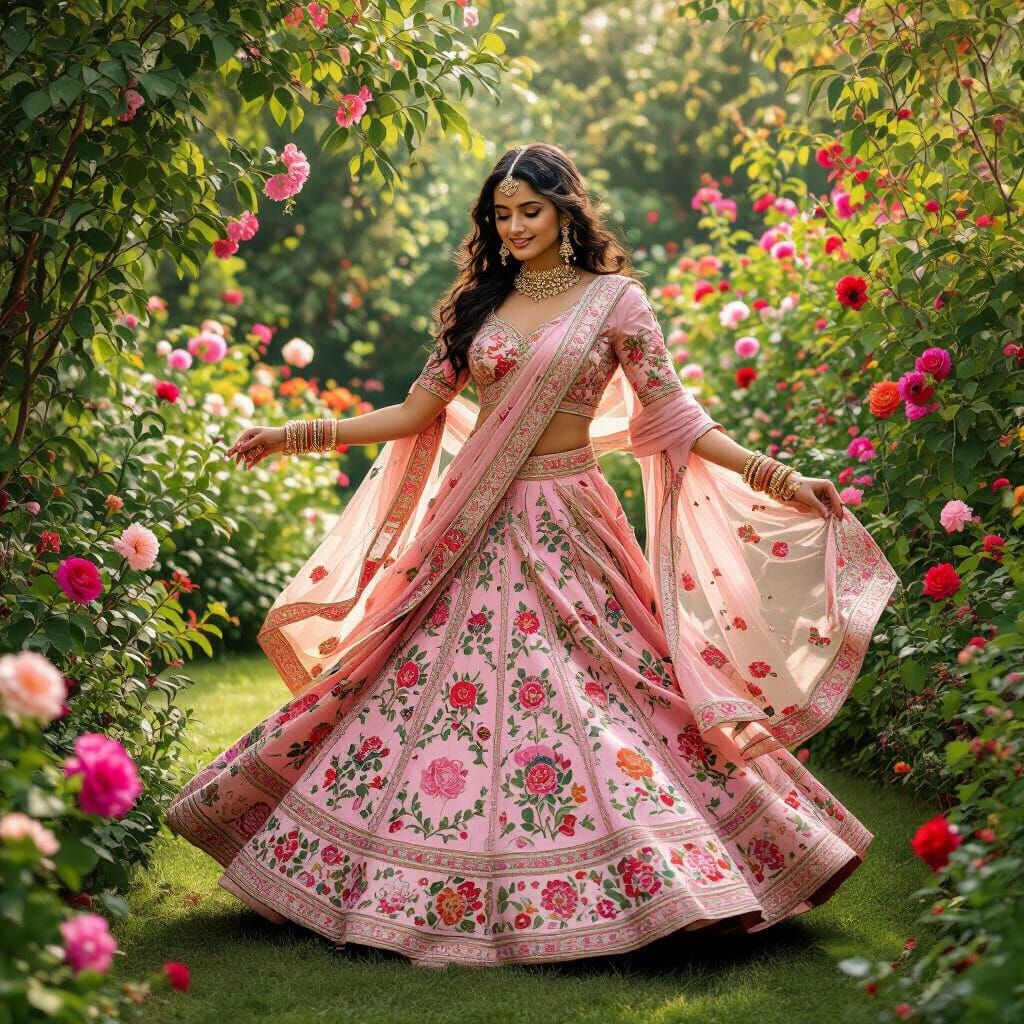 Indian Girl Dancing in Rose Silk, Inspired by Classical Art