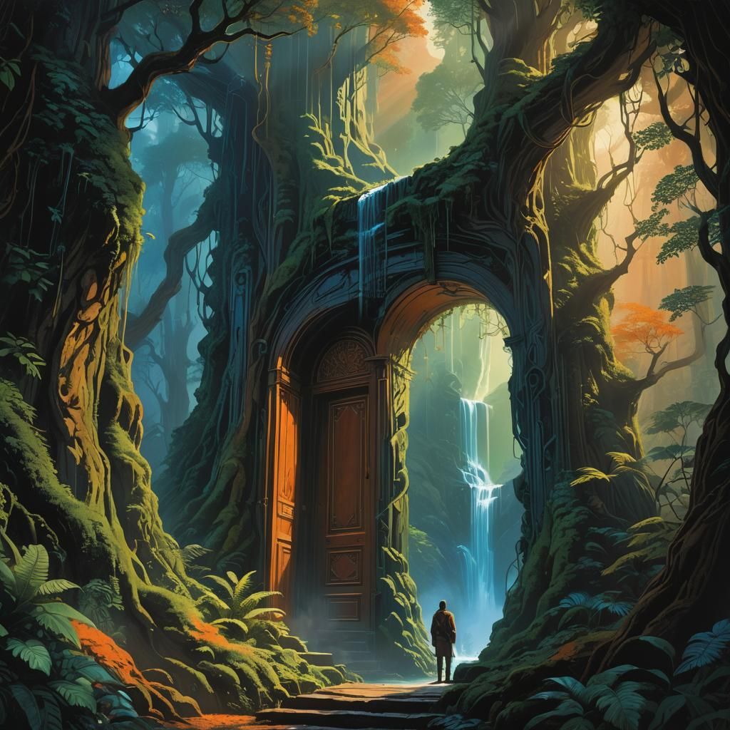 Mystical Waterfall World Through Secret Door