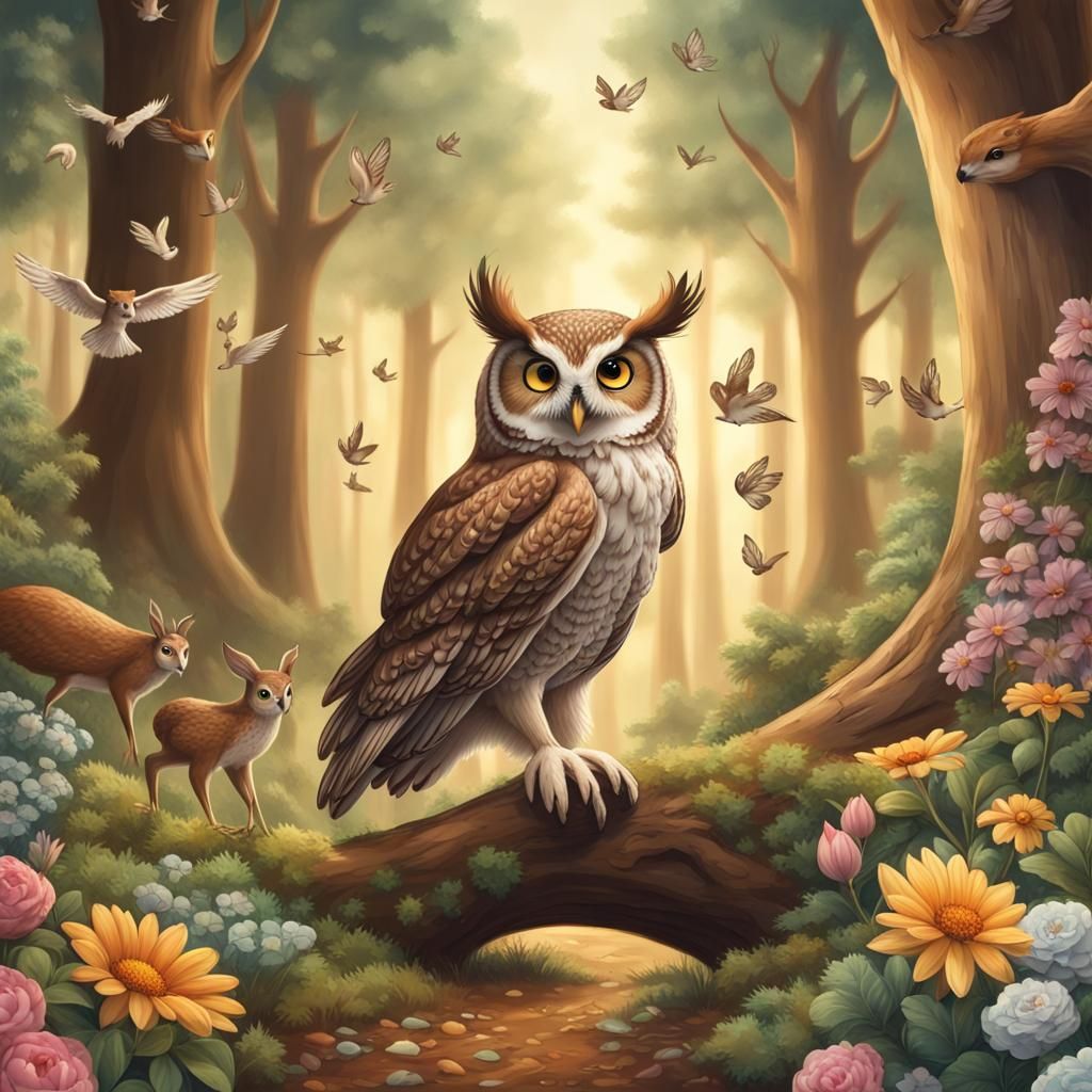 Owl in Forest with Deer and Wildlife