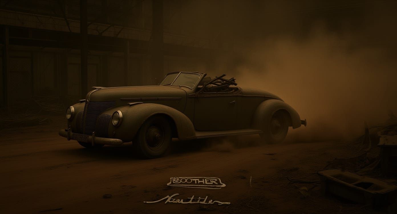 Old Metal Car Racing Through Apocalyptic Industrial Zone