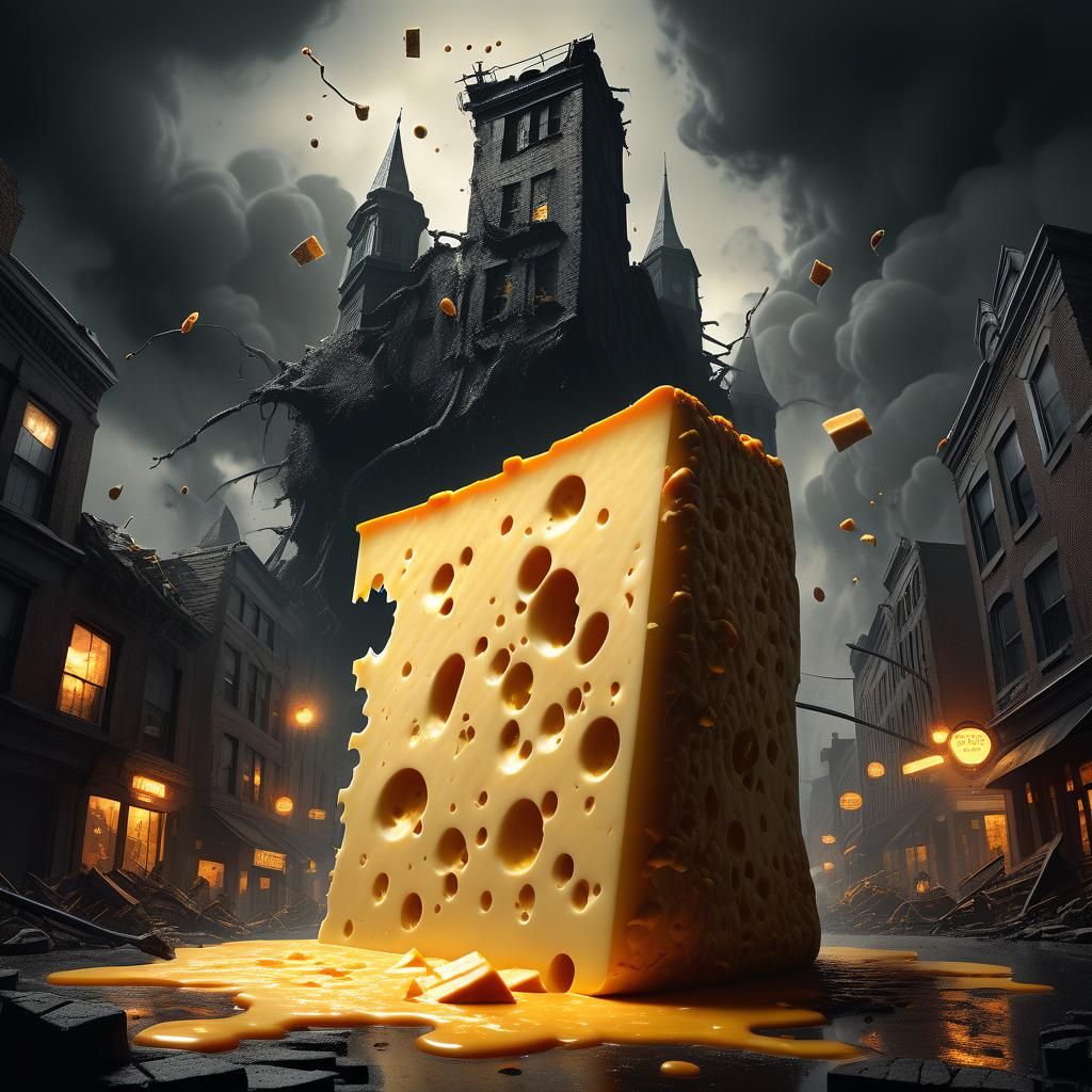 Cheddar Monster Destroys City in Dark Fantasy Illustration