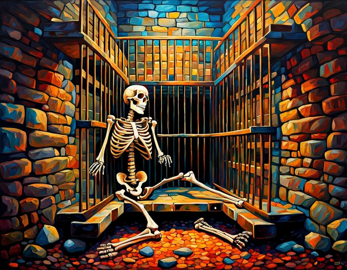 Skeleton in Stony Jail Cell, Expressionist Oil Painting
